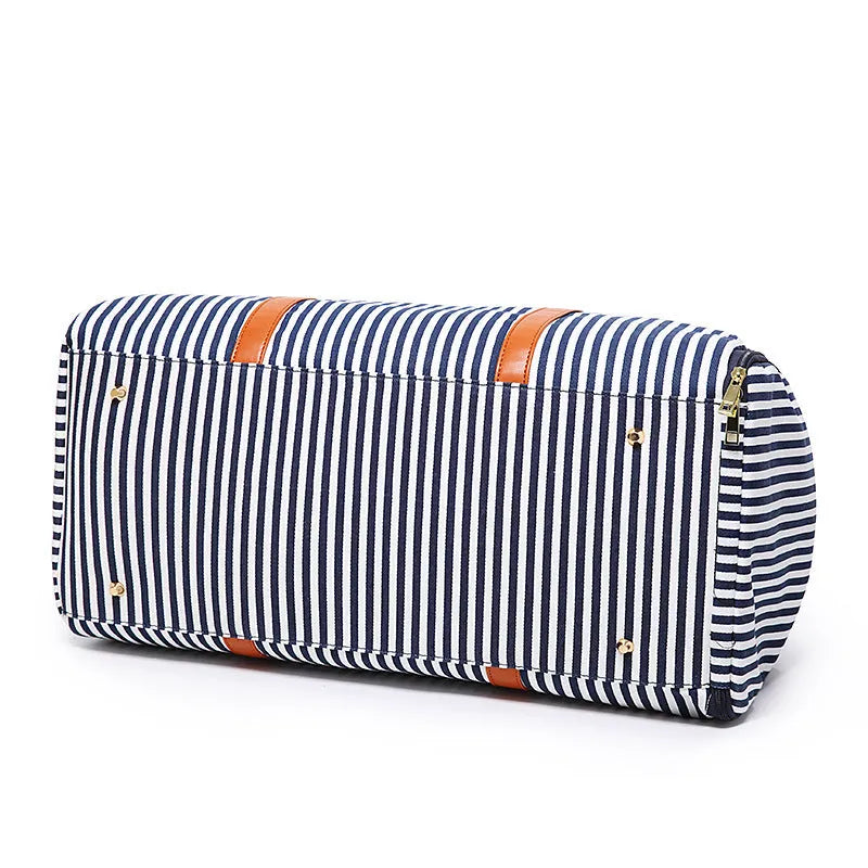 Large canvas striped contrast colour travel duffel bag with zipper closure and polyester lining
