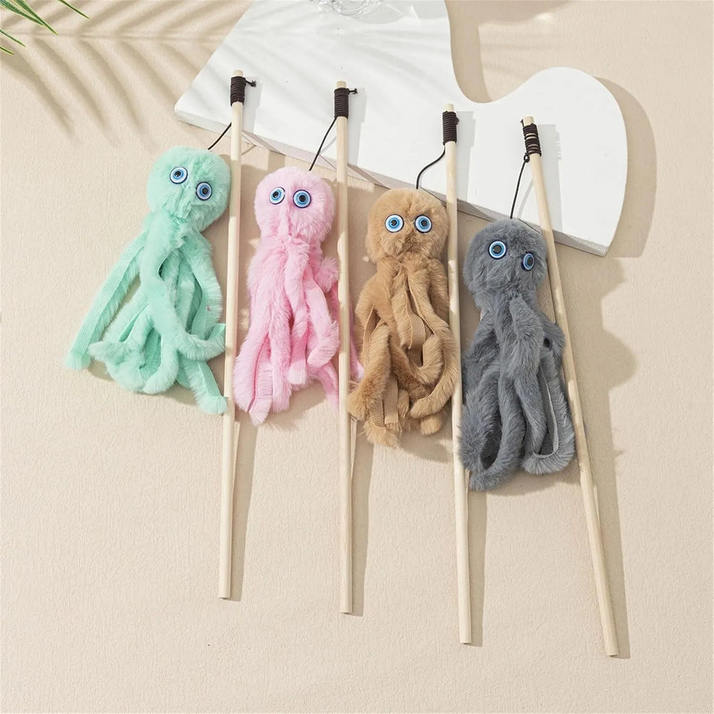 Octopus-themed cat toy with long handle in bright colours for indoor pet play