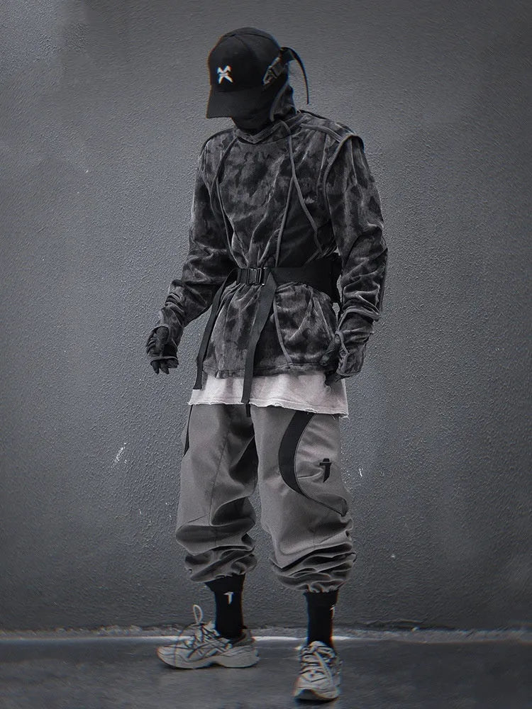 Men's black and grey tie-dye printed finger turtleneck sweater with drop shoulders and long sleeves.