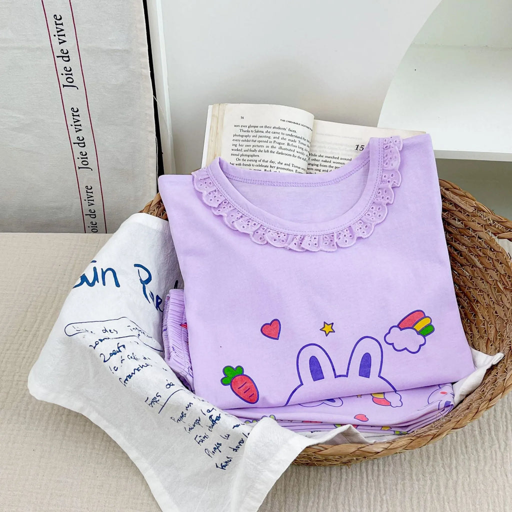 Girls cotton pyjama set with pink cartoon rabbit print, summer homewear, suitable for height 110-170cm