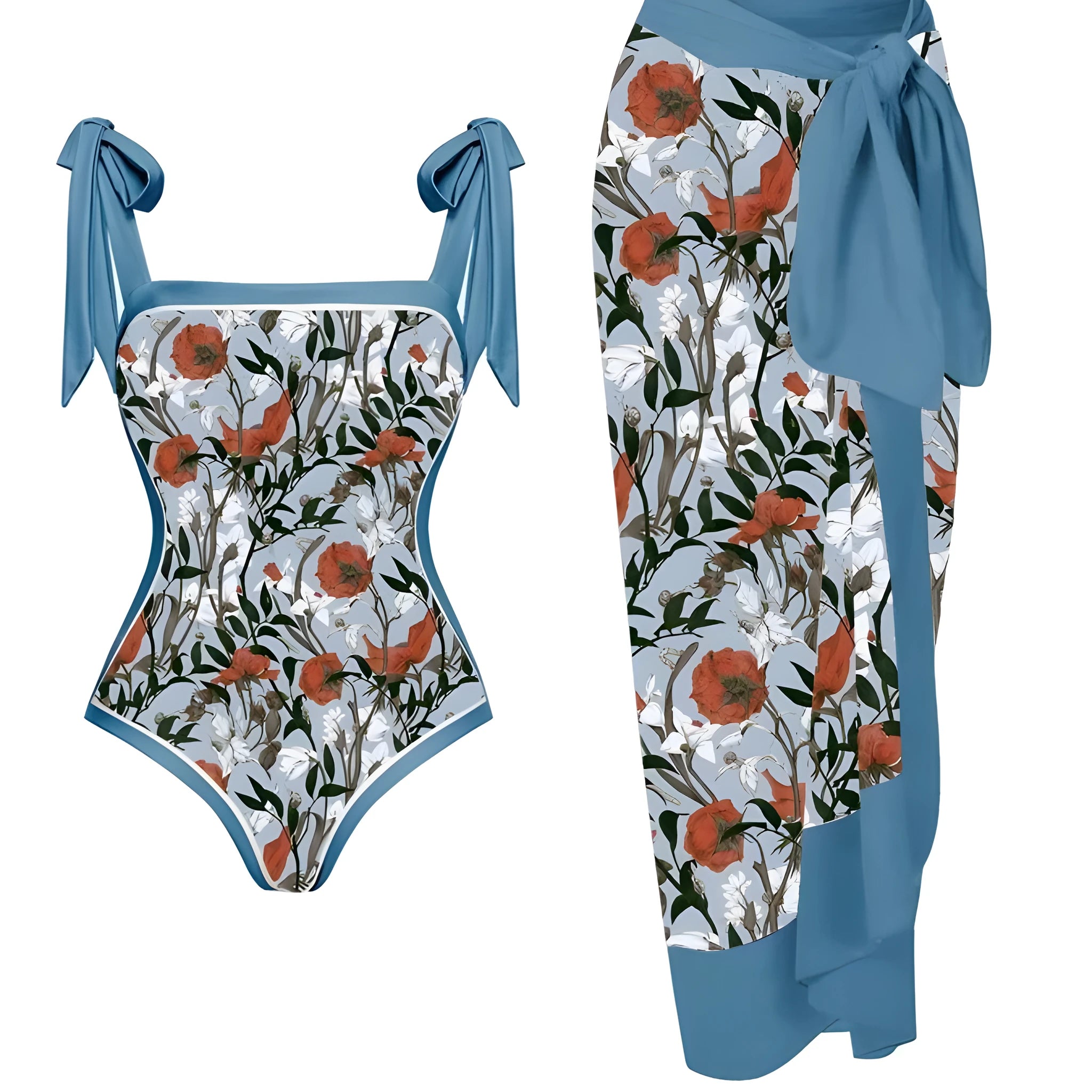 Women's printed floral two-piece swimsuit with chiffon hip skirt on hanger