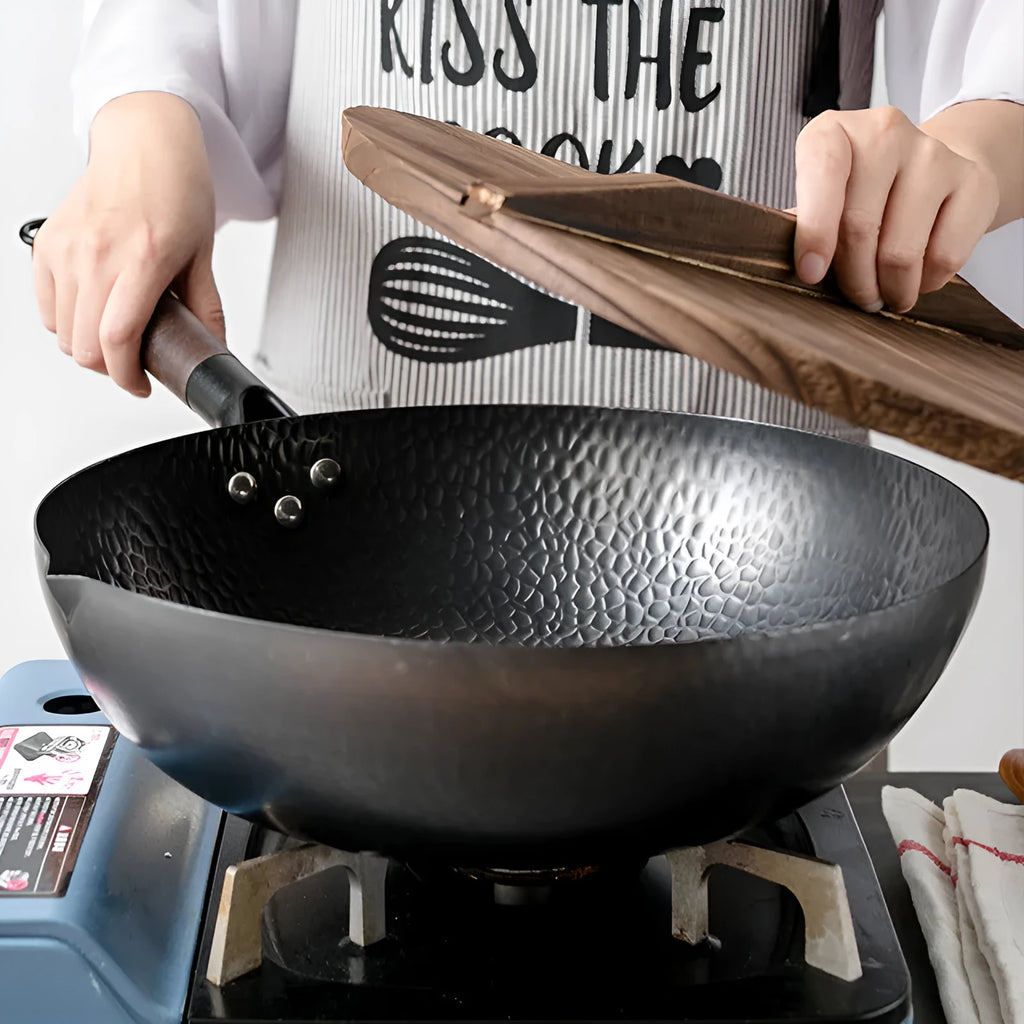 40cm traditional black iron wok with wooden handle and glass lid option