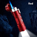 TH727 multi-function waterproof metal flashlight lighter in camouflage, red, black, blue, and yellow colour options.