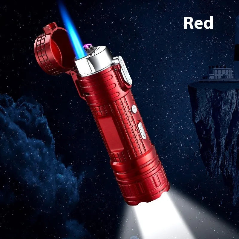 TH727 multi-function waterproof metal flashlight lighter in camouflage, red, black, blue, and yellow colour options.