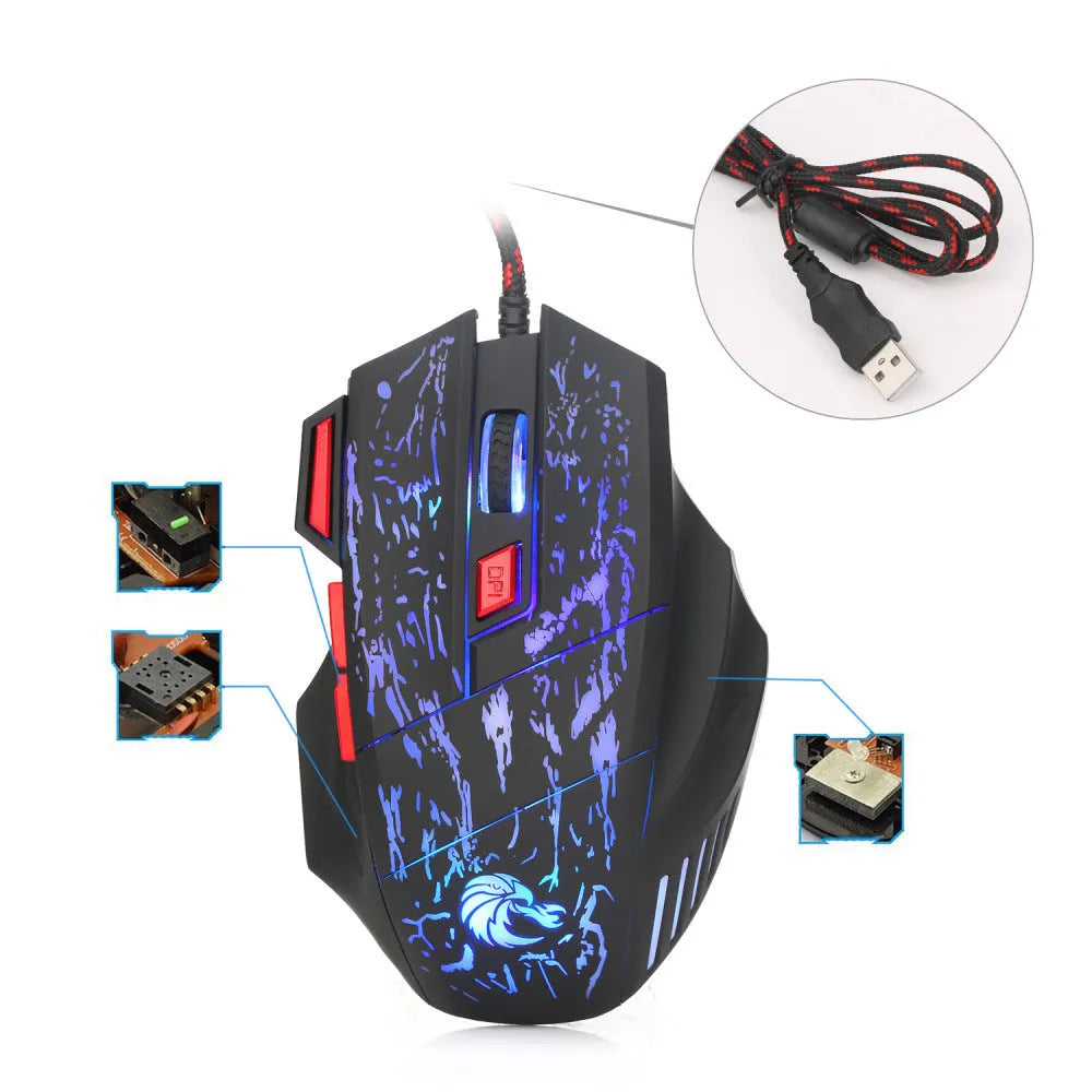 Water crack colourful luminous gaming mouse with ergonomic design and USB cable