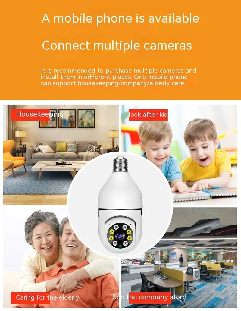 Wireless bulb security camera with plastic and metal housing measuring 5cm by 12cm