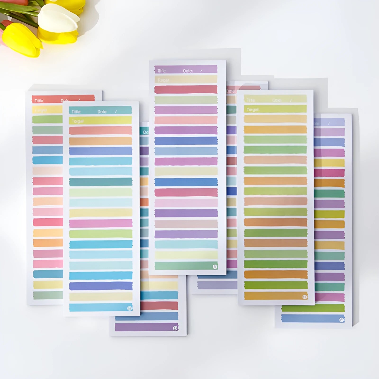 Student notepad with plastic storage box showing colourful striped and cartoon cover design options.