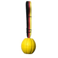 Yellow and camouflage coloured EVA foam floating tetherball dog toys in three different sizes on a blue background.