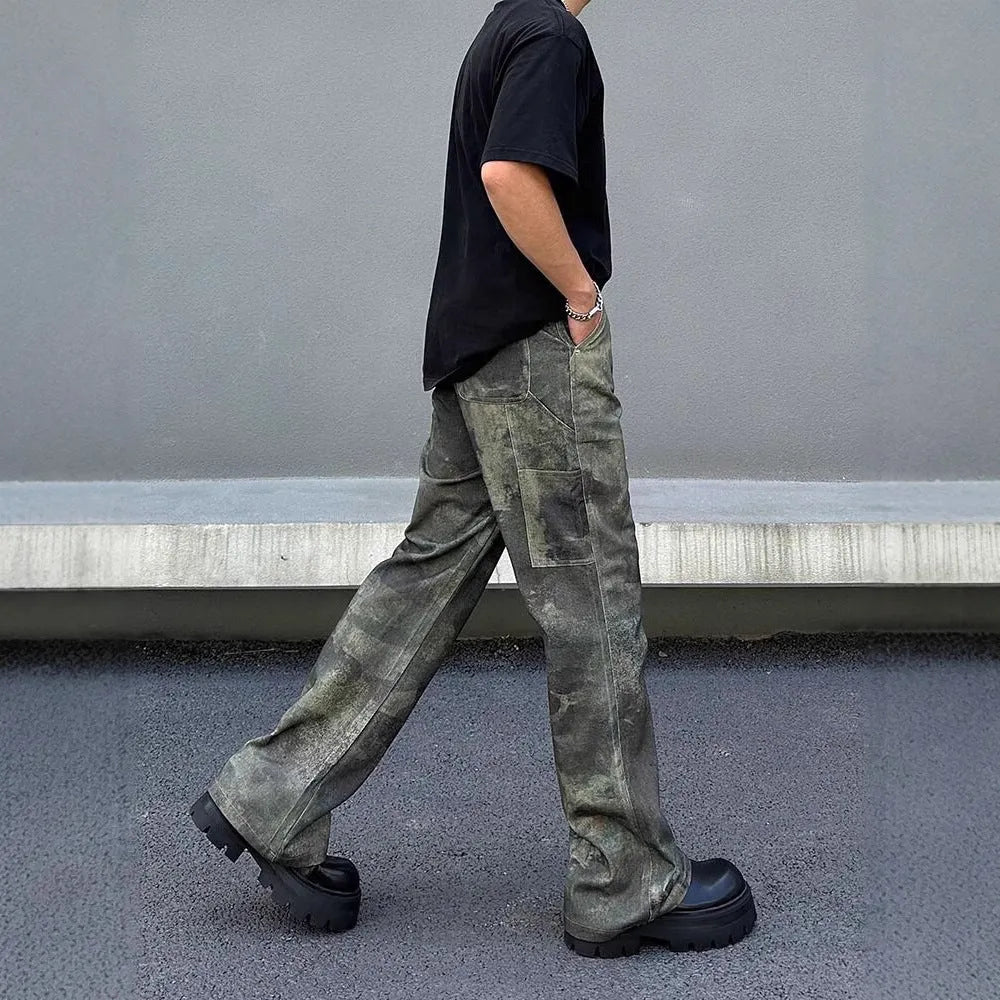 Men's straight leg jeans with retro camouflage pattern on cotton denim fabric