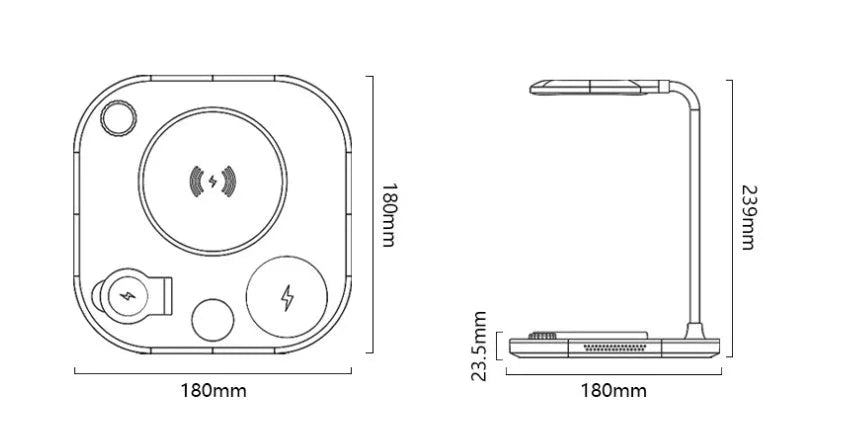 Wireless magnetic charging station with integrated desk lamp in black, green or white colours