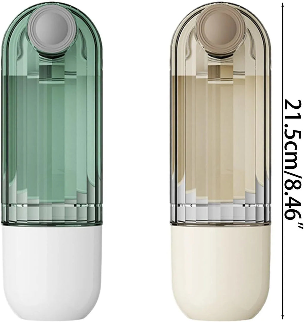 Beige or green foldable dog water bottle with food container, showing large drinking opening and compact size.