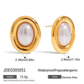 A pair of gold-colour stainless steel ear studs with a vintage pearl centre and butterfly clutch backs.