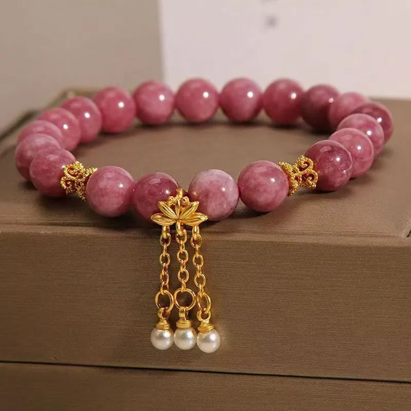 Women's natural stone bracelet with pink lotus tassel and pearl pendant in new Chinese style