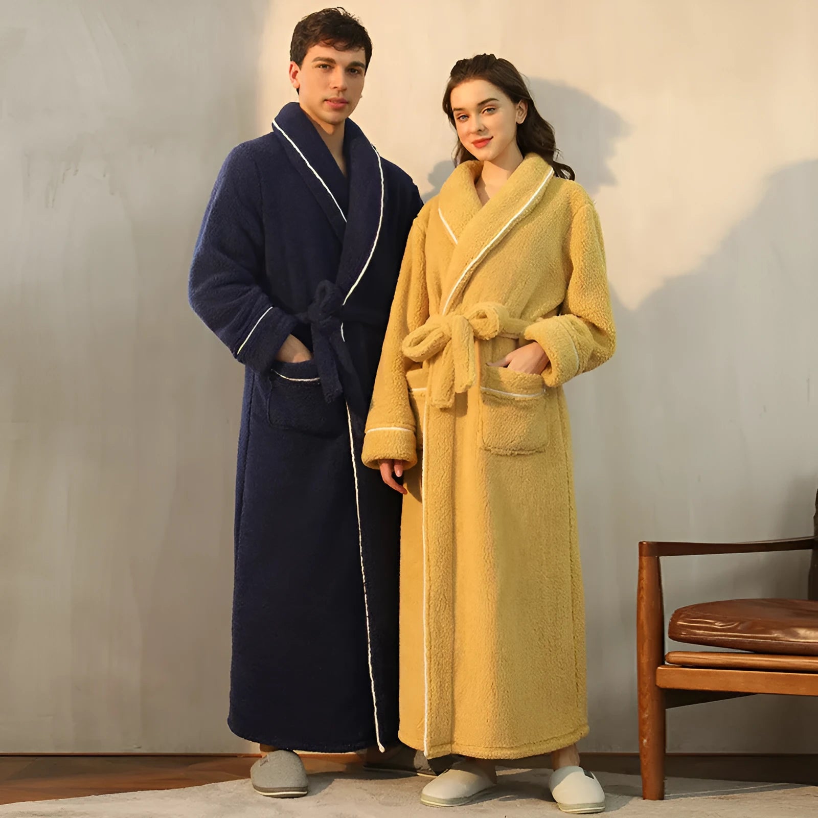 A super thick flannel winter bathrobe for couples shown in navy blue, available in extended sizes M, XL, and XXXL.