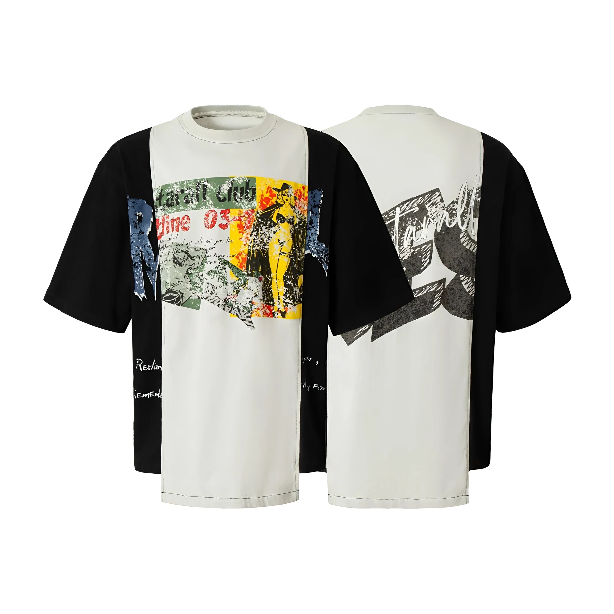 Men's black and white deconstruction collage print loose fit cotton blend T-shirt short sleeve streetwear