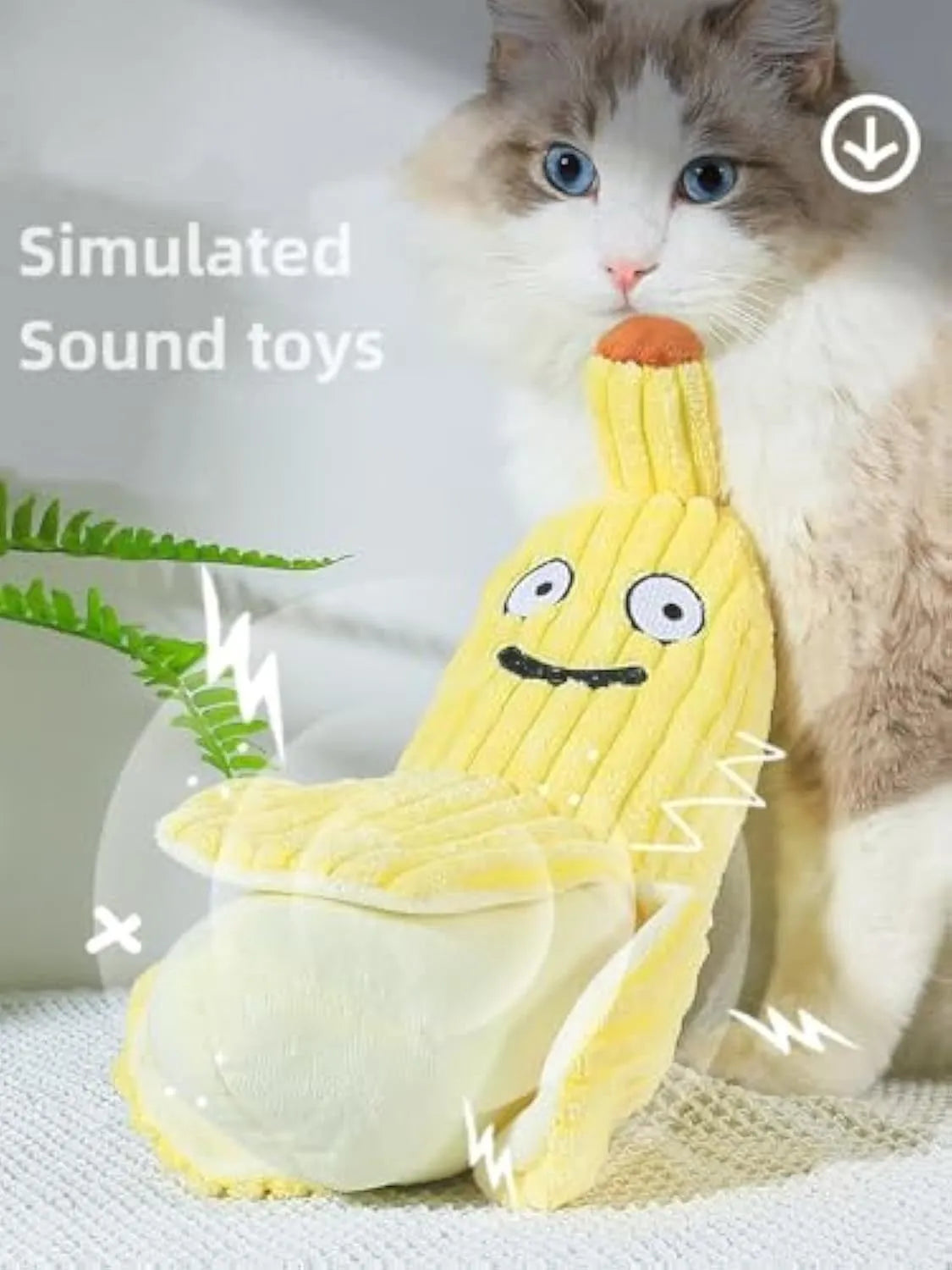 Yellow banana-shaped cat crinkle toy with plush fabric on a plain background.