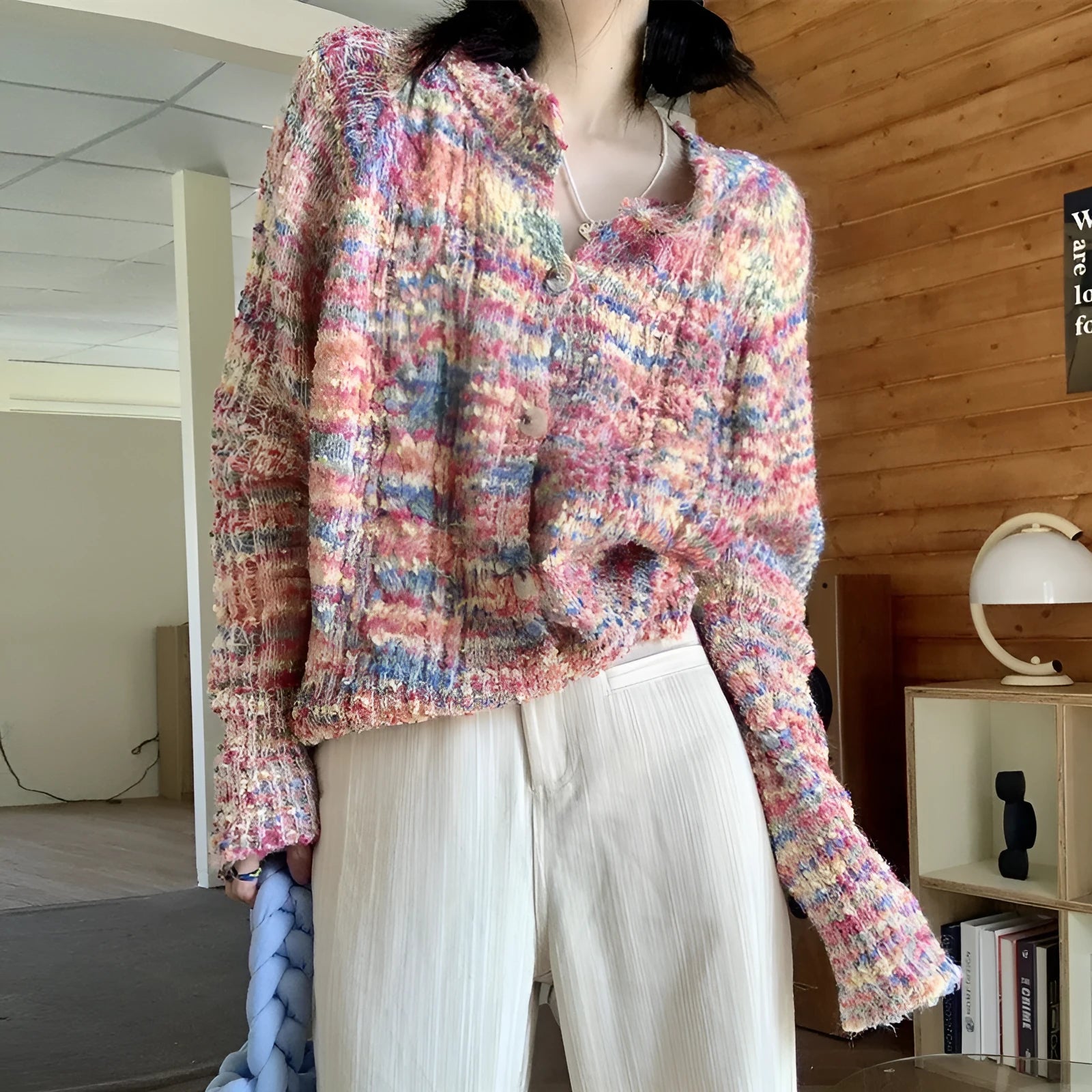 Retro style knitted rainbow sweater cardigan in pink and green ice cream colours