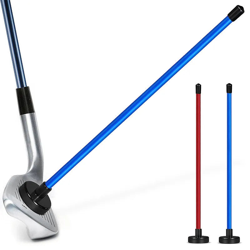 Red and blue aluminium alloy golf swing alignment trainer on a practice mat.