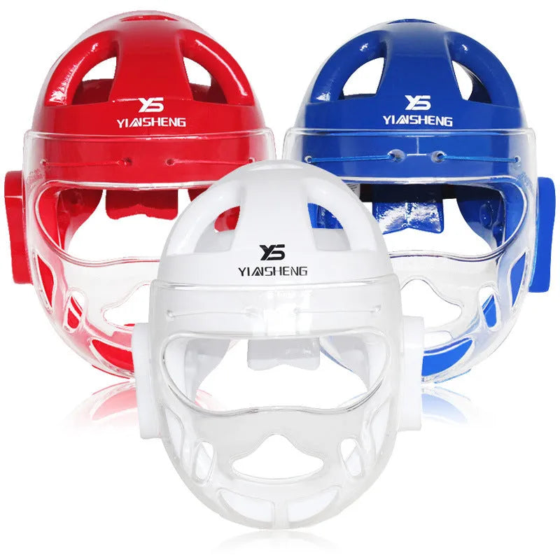 Karate boxing helmet protective equipment in white, blue and red colours showing head coverage design