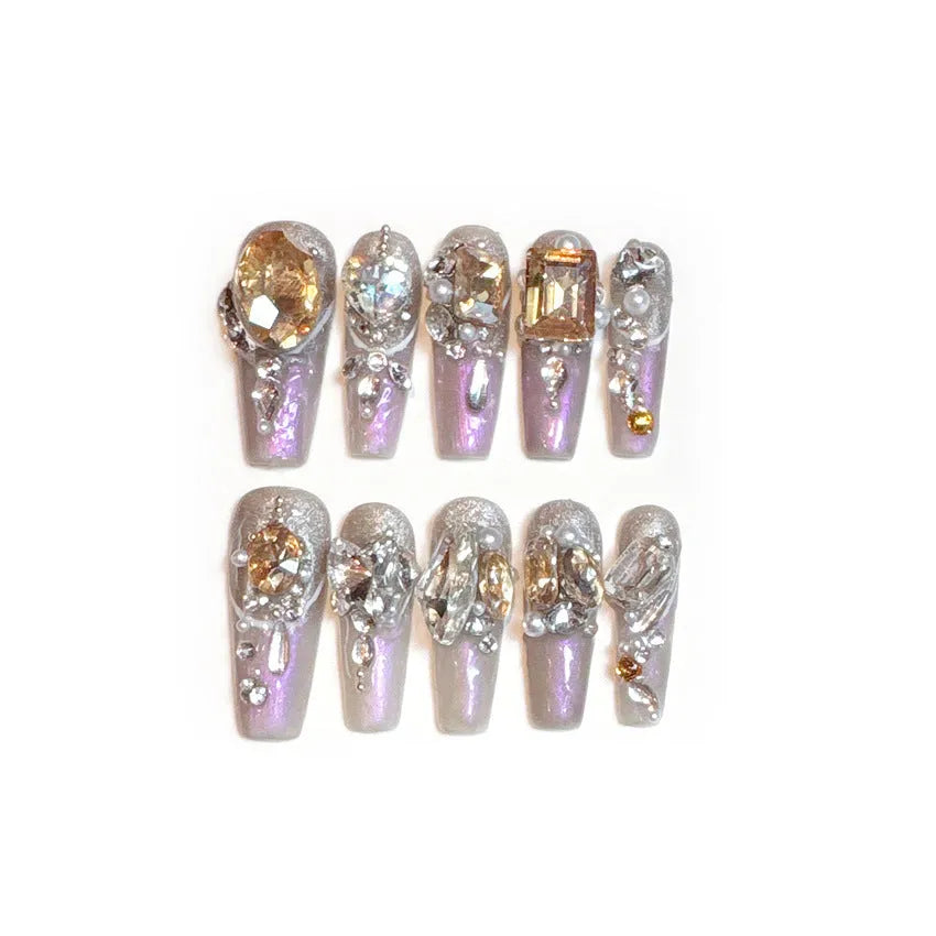 Luxury rhinestone false nail patches with phototherapy sealing layer in flash style
