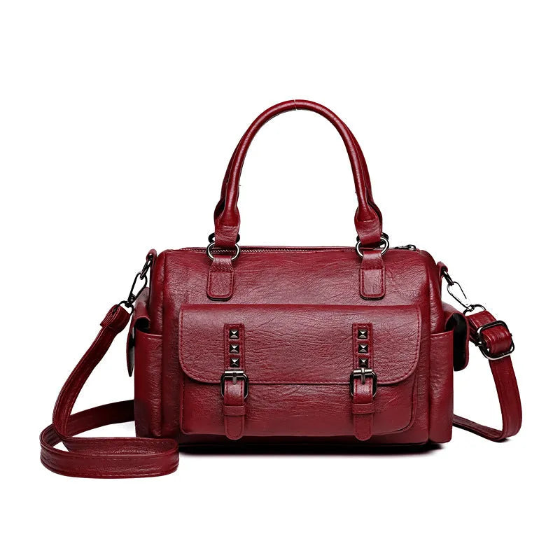 Large capacity vintage messenger bag in horizontal square shape, shown in available colours: blue, gray, camel, red, black, brown.