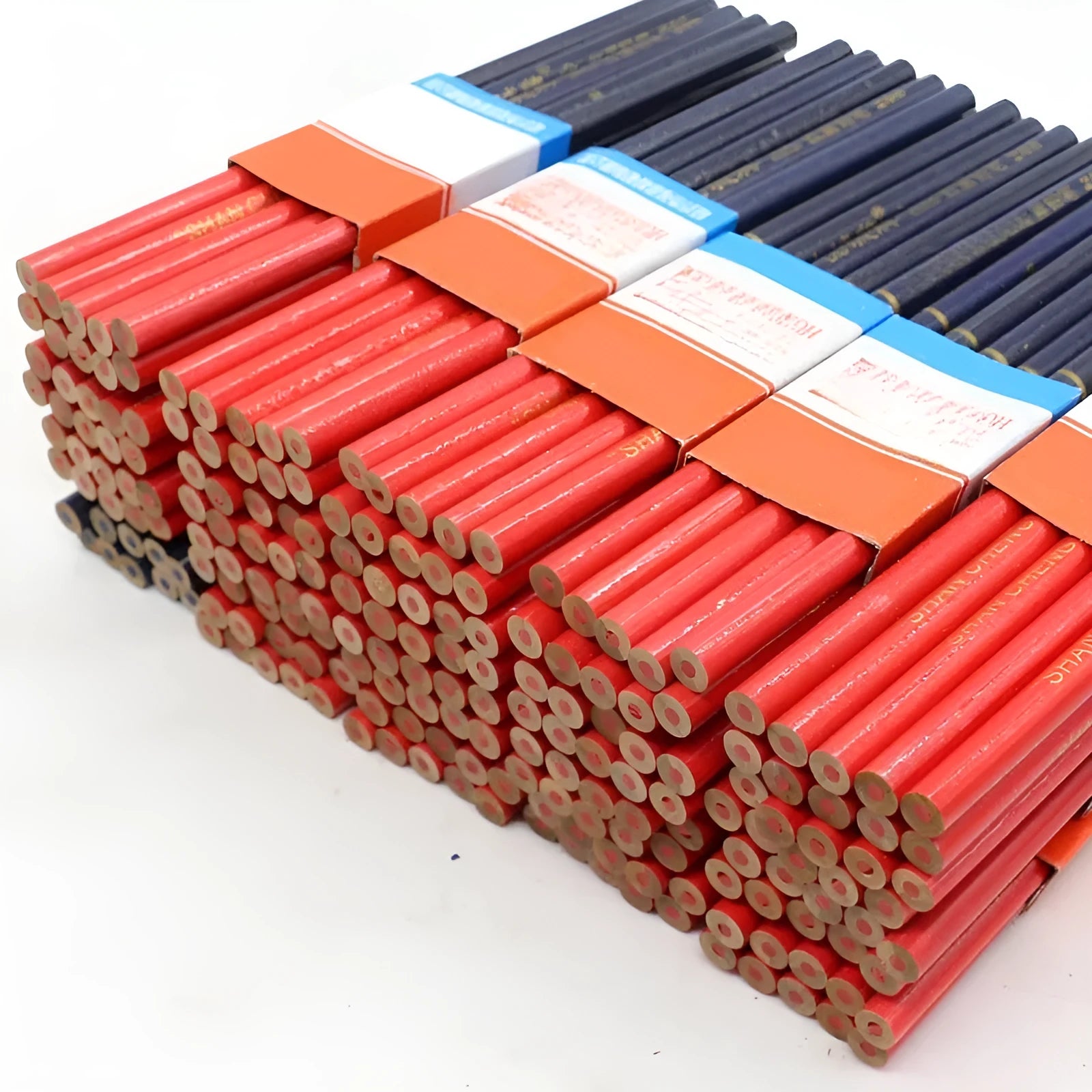 10 red and blue two-colour round wooden carpenter's pencils for marking