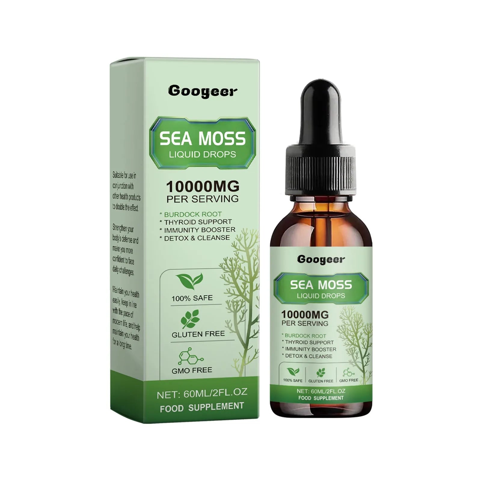 Sea Moss Liquid Drops 60ml body treatment serum in a glass bottle.
