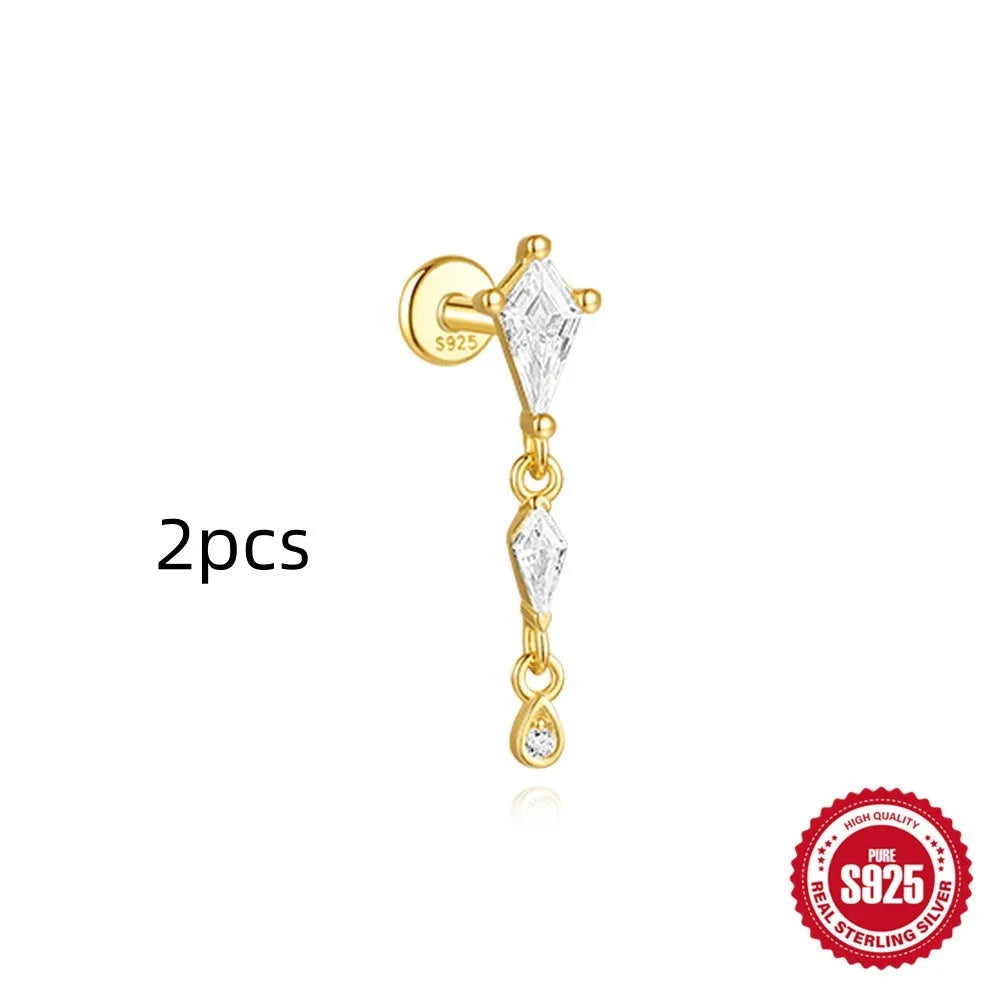 S925 sterling silver geometric kite-shaped earring with rhinestones and a dangling chain tassel.