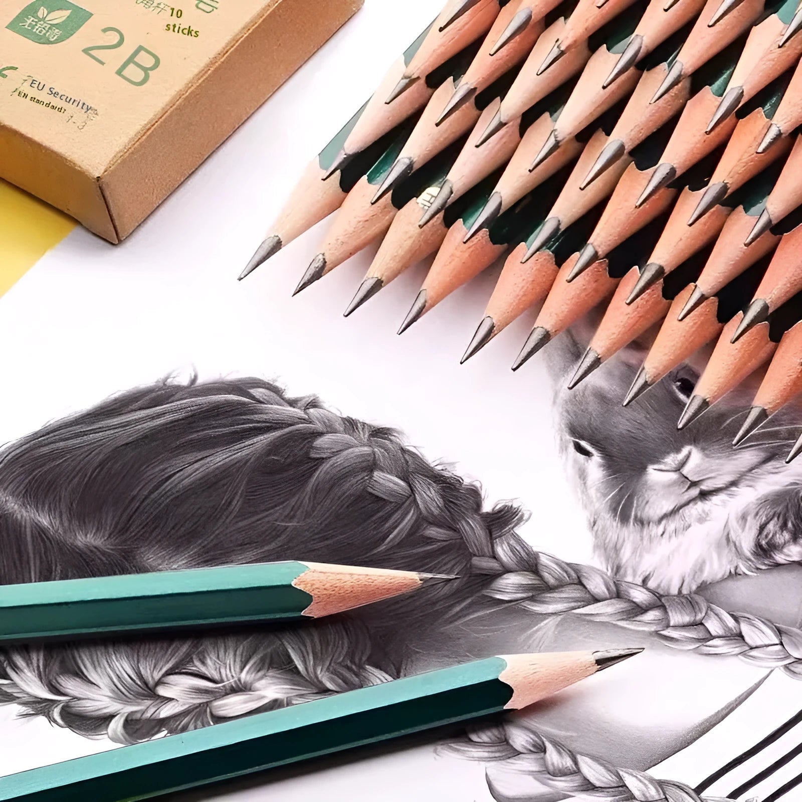 Green Rod 10-piece pencil set with HB and 2B grades and hexagonal wooden pencils