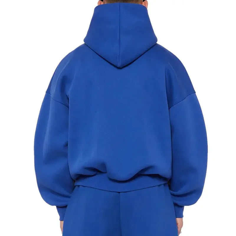 Men's grey fleece-lined cotton pullover hoodie with wool lining and threaded long sleeves