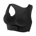 Women's black sports bra with front buckle closure and contoured back design for yoga.