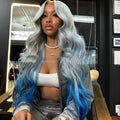Grey-blue gradient human hair wig with lace frontal shown at medium length