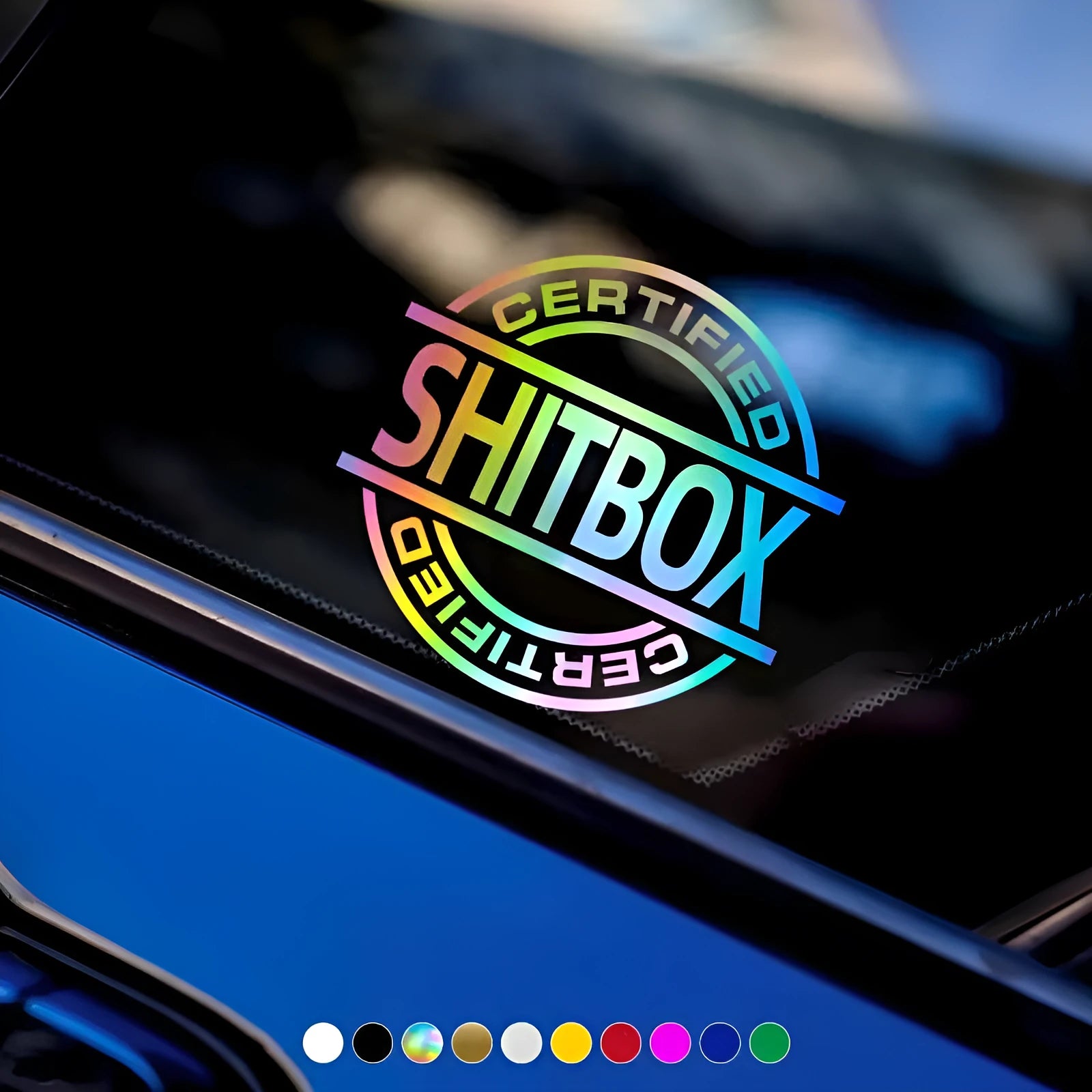 13 by 12 centimetre creative vinyl car sticker on a vehicle window, showing colour options including black, silver, and glitter.