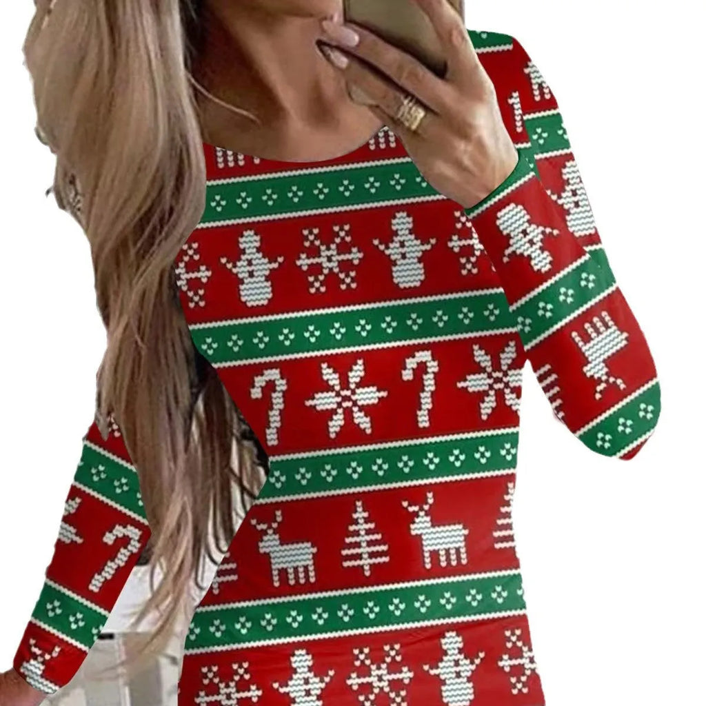 Women's printed Christmas dress with animal pattern design and floral colours in fitted hip skirt style