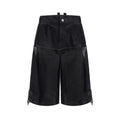 Men's double waist loose cropped black pants with washed stitching, fifth-pants length, mid-high waist, on model