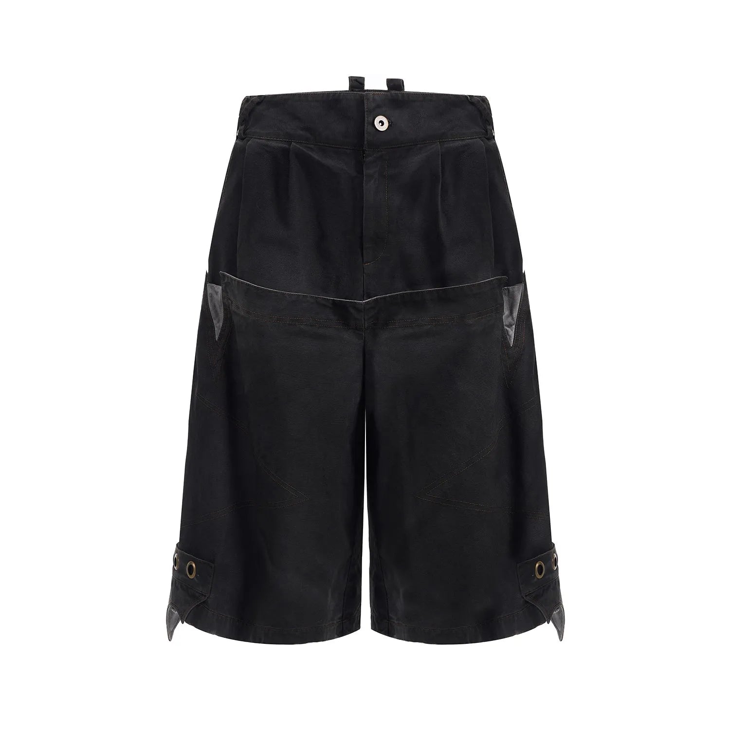 Men's double waist loose cropped black pants with washed stitching, fifth-pants length, mid-high waist, on model