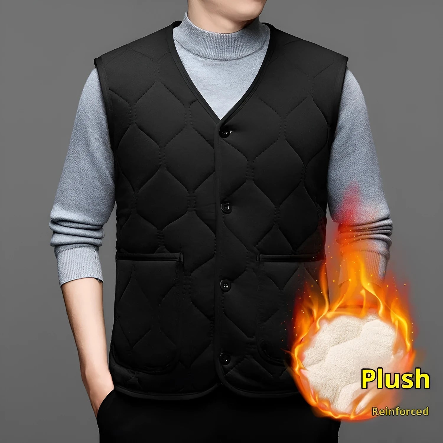 Men's fleece-lined thick cotton blend vest in solid colour cardigan style, black version, size M-4XL