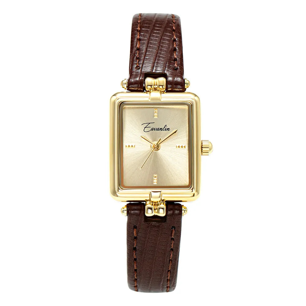 Women's retro special interest light luxury small square watch with black leather strap and gold frame