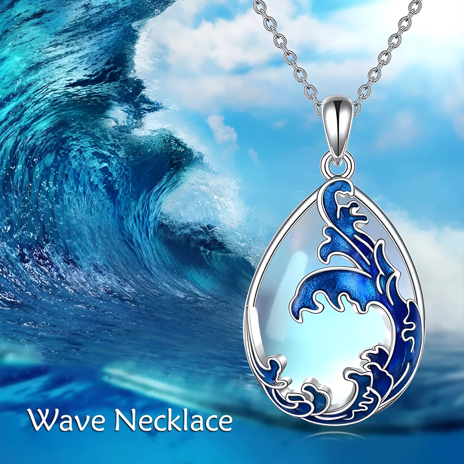 Blue alloy pendant necklace with heart design elements on included chain