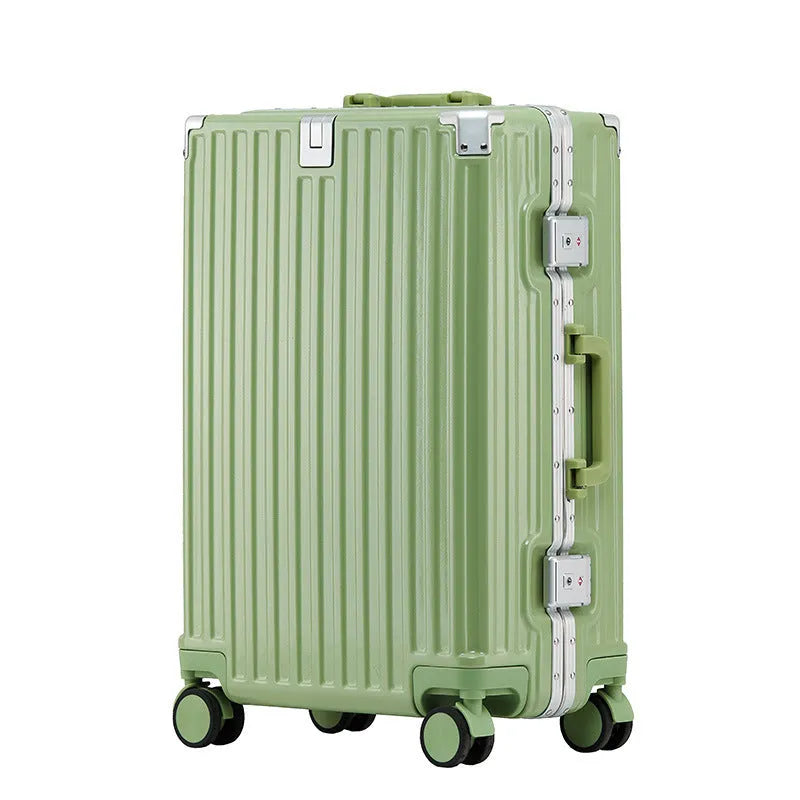Hard-shell aluminium frame suitcase in avocado green colour with USB port and universal wheels.