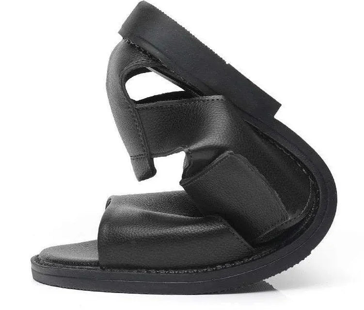 Men's black and brown cowhide leather casual sandals with open-toe design and rubber soles