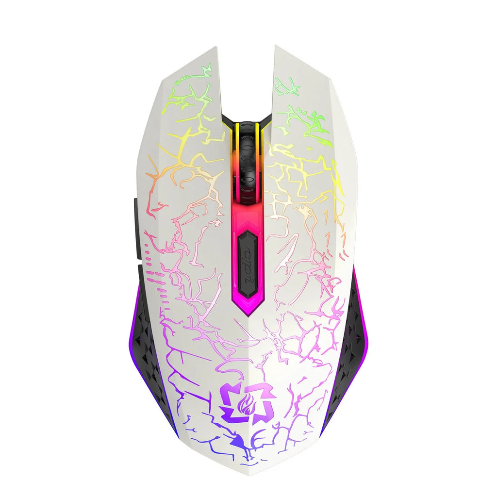 Black and white dual-mode wireless gaming mouse with luminous breathing light on desktop