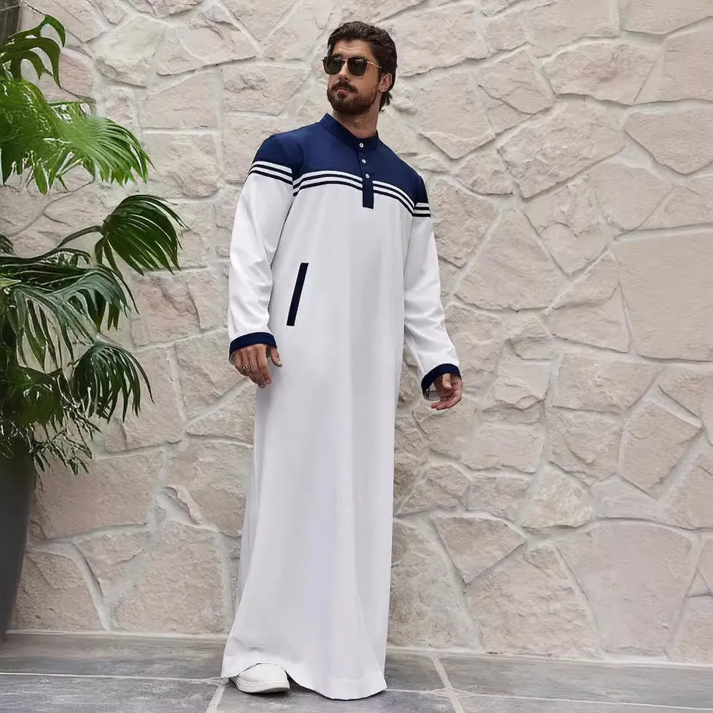 Men's blue colour contrast patchwork shirt robe made from lightweight polyester fabric for summer casual wear