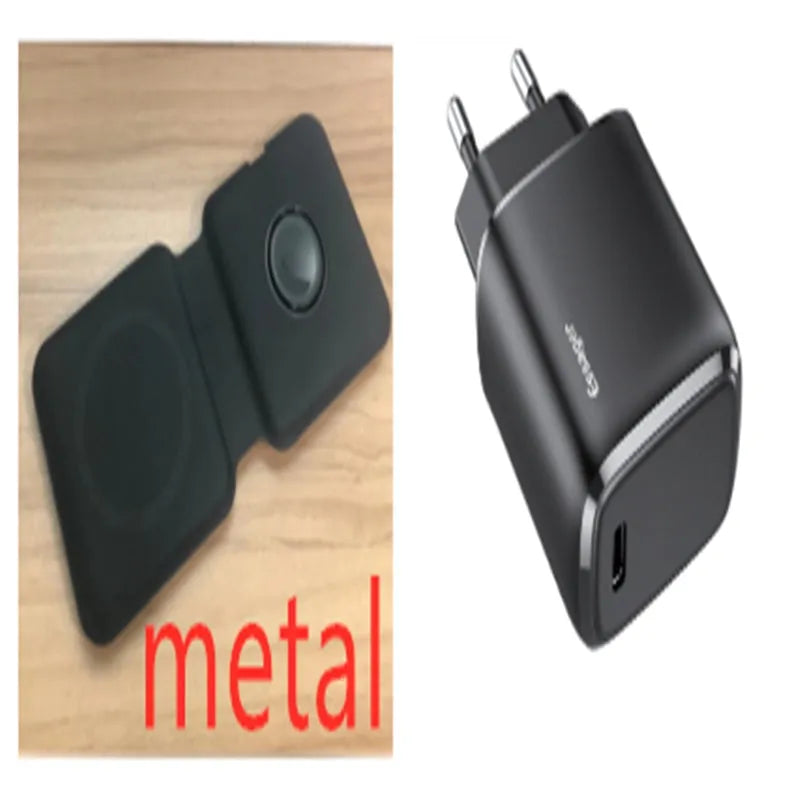 White folding dual magnetic wireless charger with 15W fast charging showing adjustable angle
