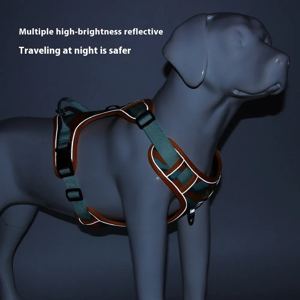 Orange reflective dog harness with double-ended lead for medium breed control during walks