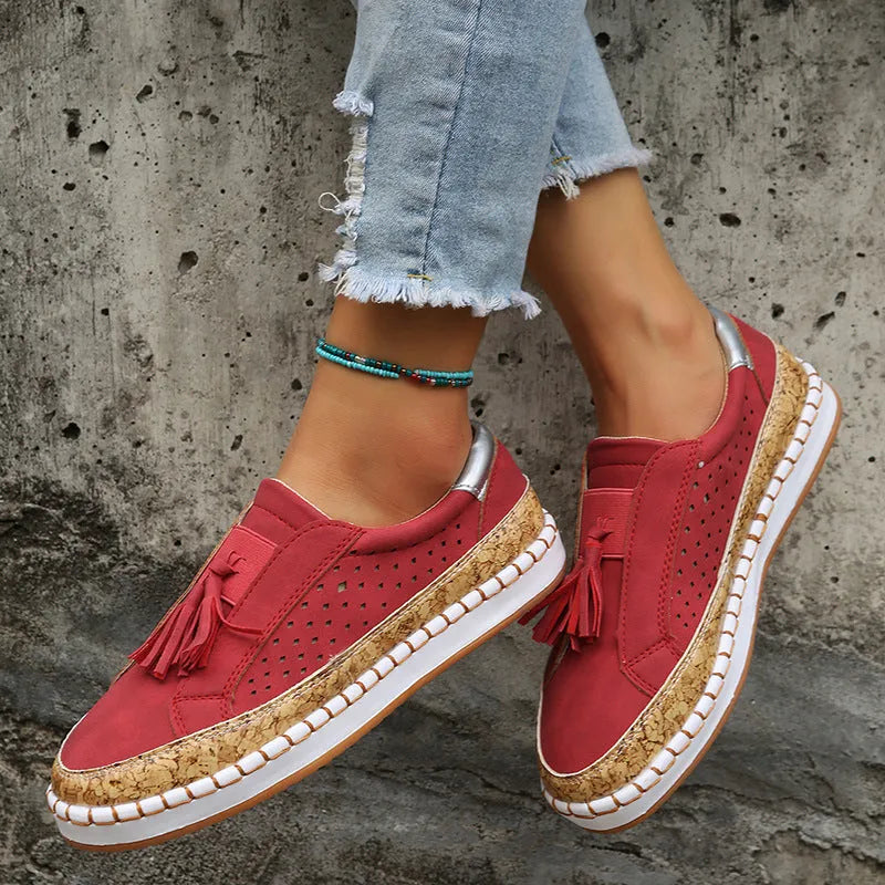 Women's casual tassel loafers with low heel, patent leather finish, round toe, and slip-on style in multiple colours