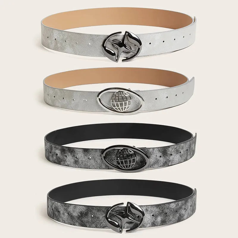 Retro style womens belt with oval alloy buckle on thick 4cm wide PU leather strap in earth tone colour