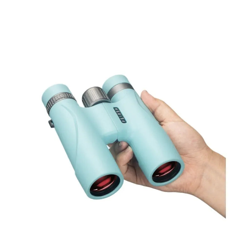 Wine red film imaging bright binoculars in grey or blue colour with 10x32 specification.