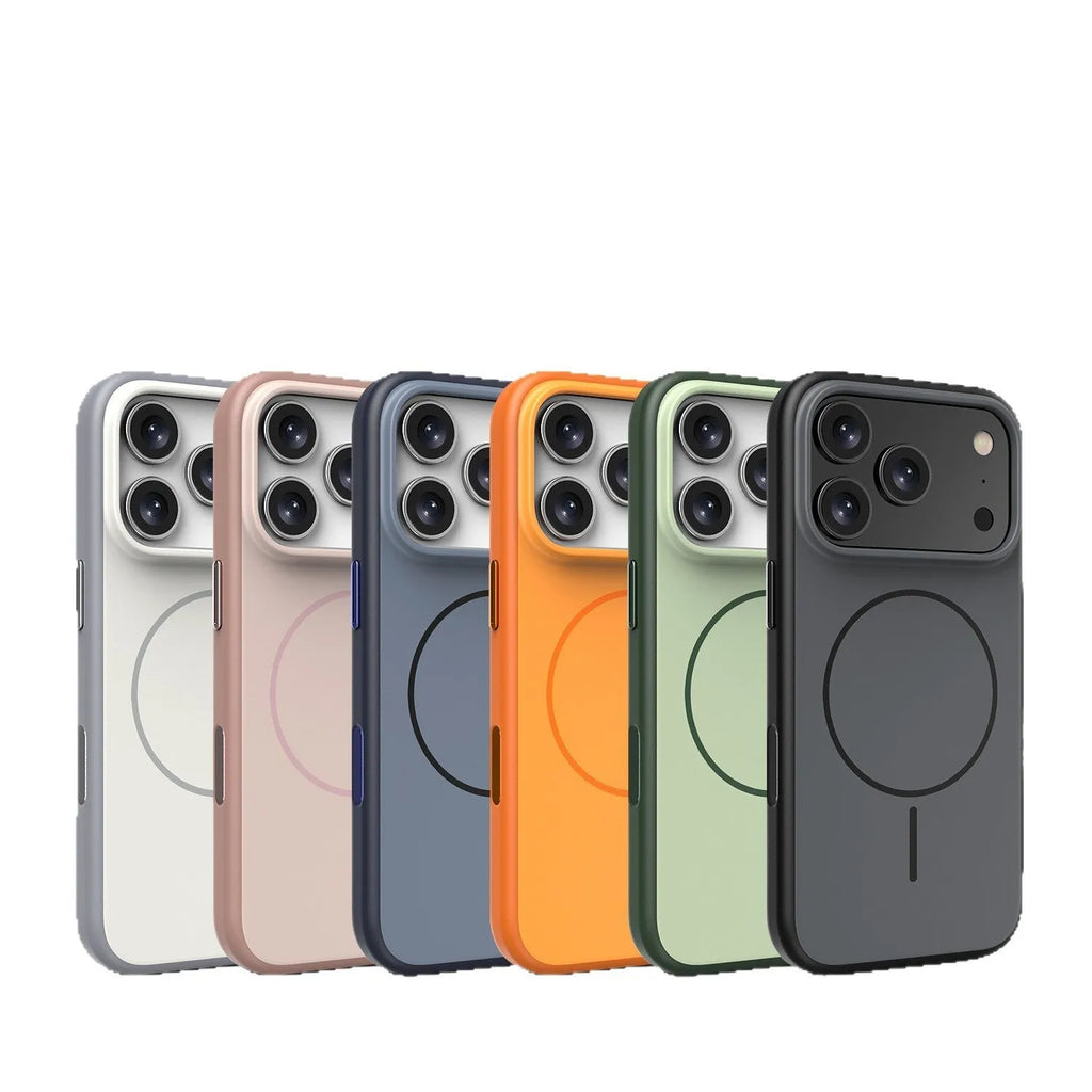 Blue frosted magnetic iPhone case with a protruding AI camera button on the side.