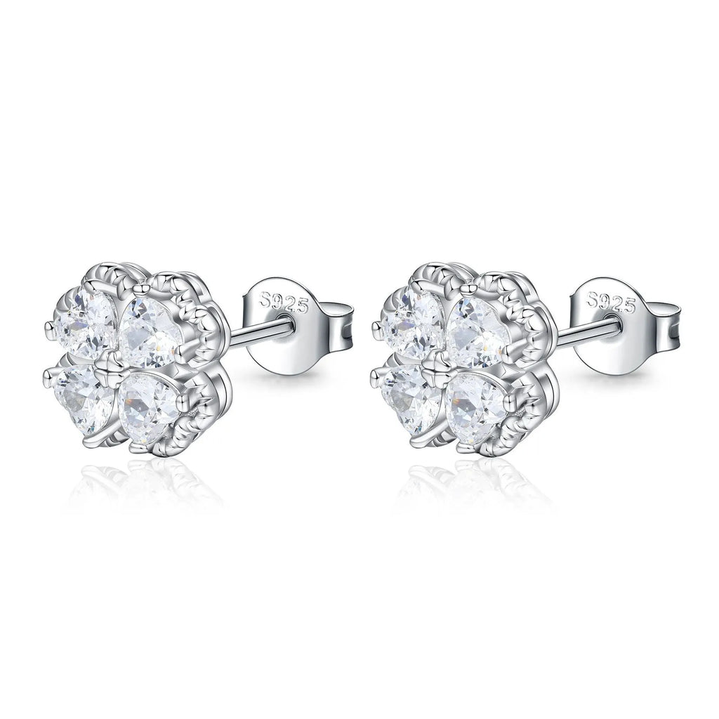 925 silver heart-shaped earrings with four-leaf clover design and zircon stones